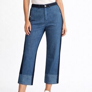 Manila Grace Two Tone Cropped Jeans Blue Contrast Panel Trousers Size 28 NWT